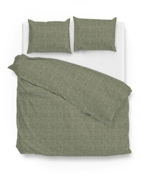 een groen dekbedovertrek met een linnen look print